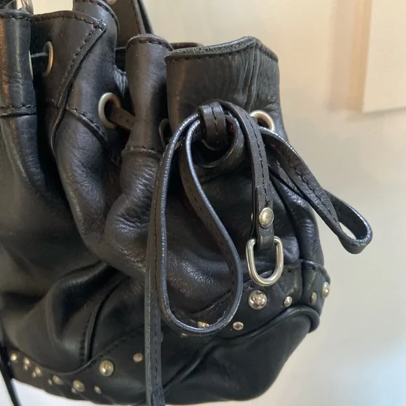 Anne Fontaine Studded Leather Drawstring Black Handbag Purse Rocker Biker BDSM - Picture 4 of 7